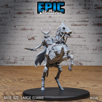 Armoured skeleton rider on a rearing skeletal warhorse, sword extended forward, wearing a horned skull-faced helm and billowing cloak, mounted on a 51mm oval base. Sculpt by Epic Miniatures.