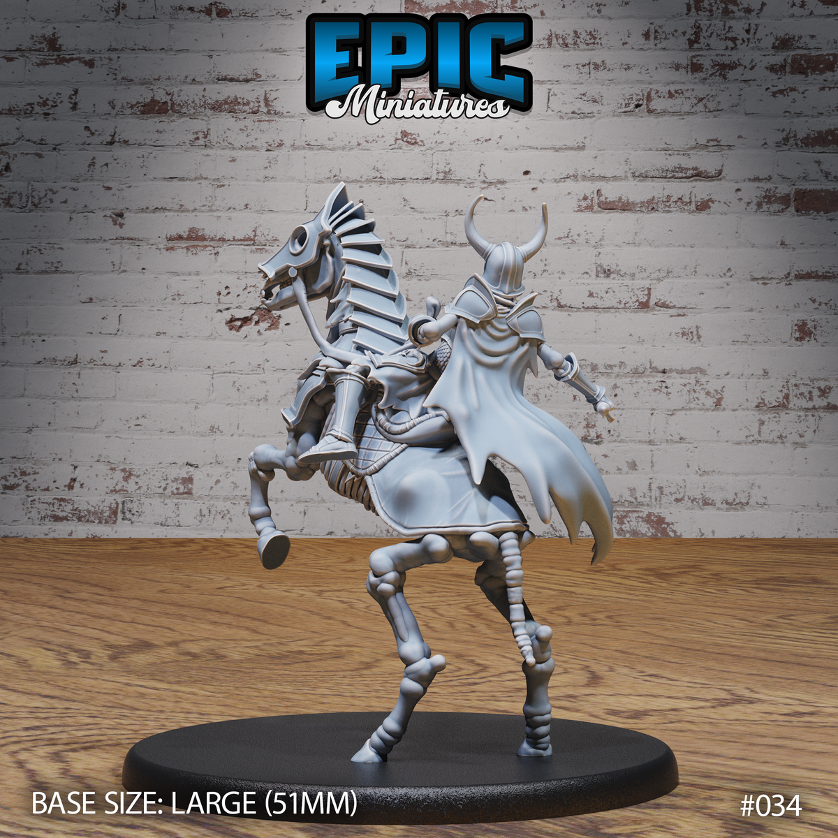 Skeletal warhorse rearing with skull chanfron and ribcage barding visible, armoured skeleton rider in horned helm and flowing cloak seen from behind, on a 51mm oval base. Sculpt by Epic Miniatures.