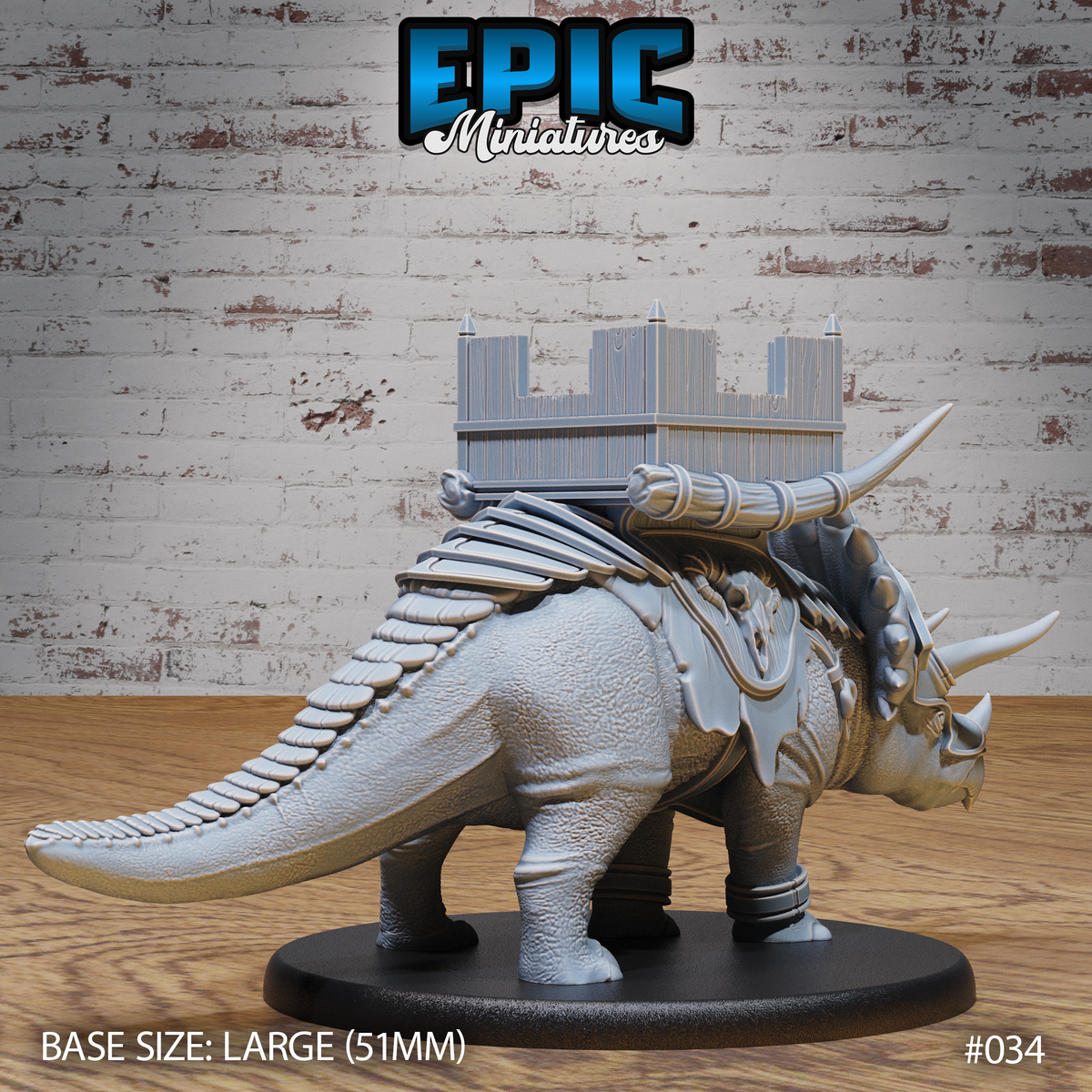 Rear view of the armoured triceratops showing scaled tail, rope-lashed saddle rigging, and the four-posted timber battle platform with spiked battlements mounted across its back. Sculpt by Epic Miniatures.
