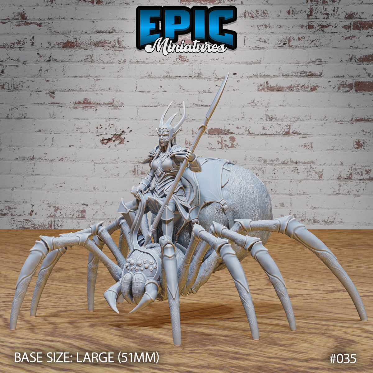 Armoured dark elf female rider mounted on a giant spider, holding a long spear upright; rider wears horned helm and segmented plate; spider has detailed chelicerae and textured legs. Epic Miniatures.