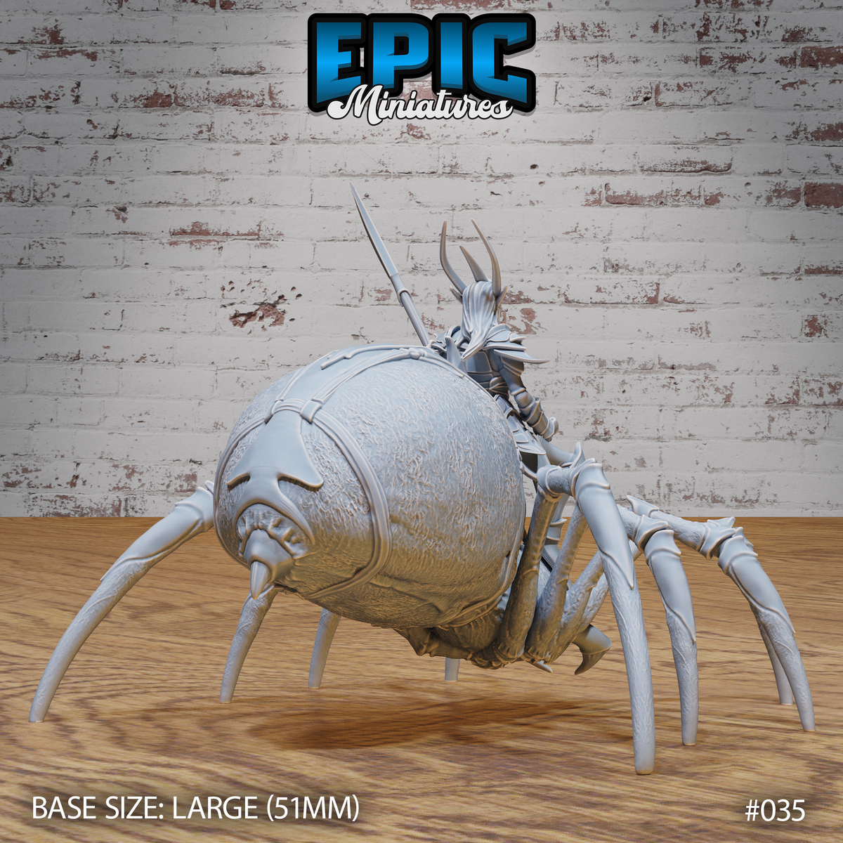 Giant spider from behind showing bristled hairy abdomen with chitinous banding and articulated legs; dark elf rider visible above with horned helmet and raised spear. Epic Miniatures.