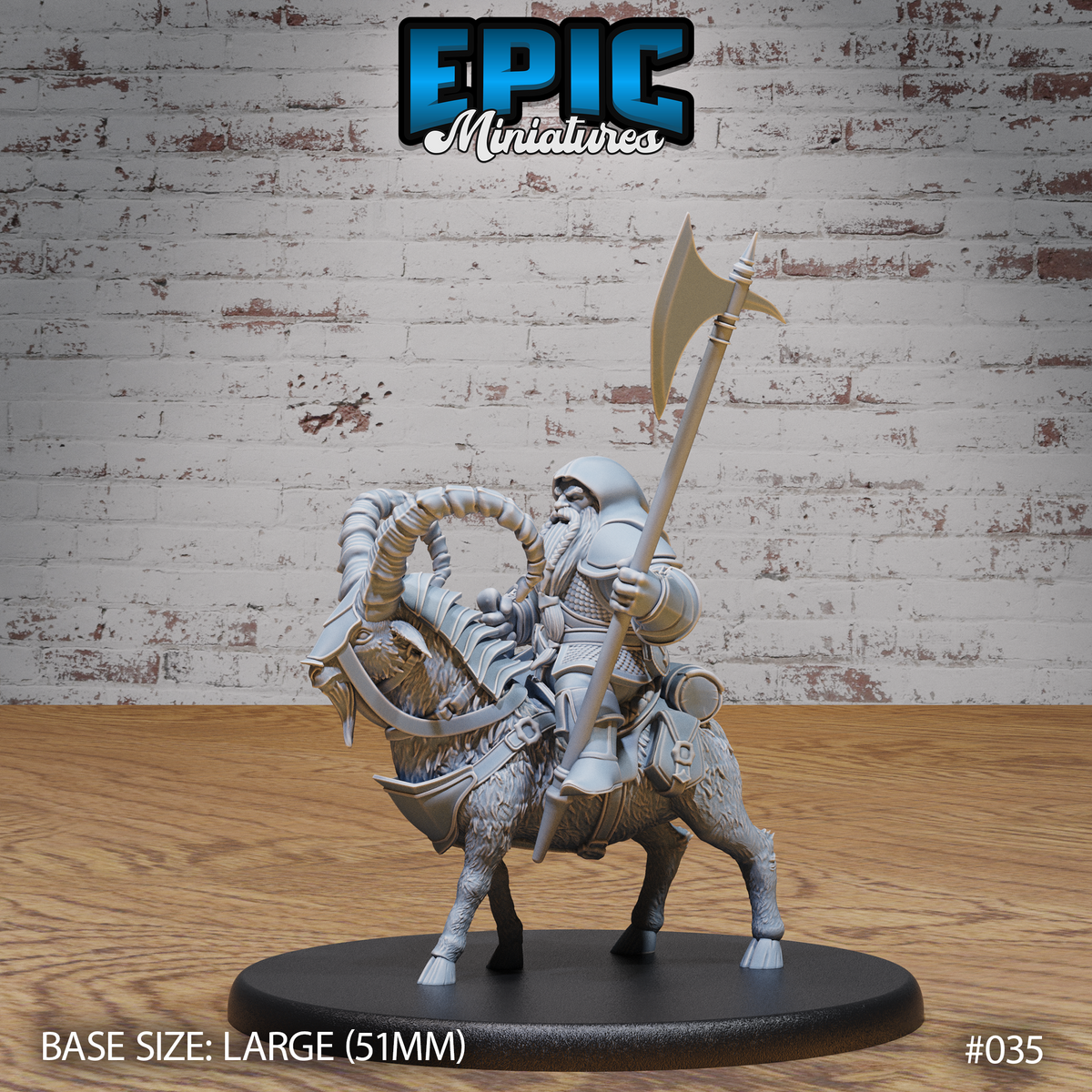 Bearded armoured dwarf rider on a large horned goat, holding a long-hafted war axe aloft. Layered plate and chainmail on rider, barded and saddled goat with sweeping curved horns. Sculpt by Epic Miniatures.