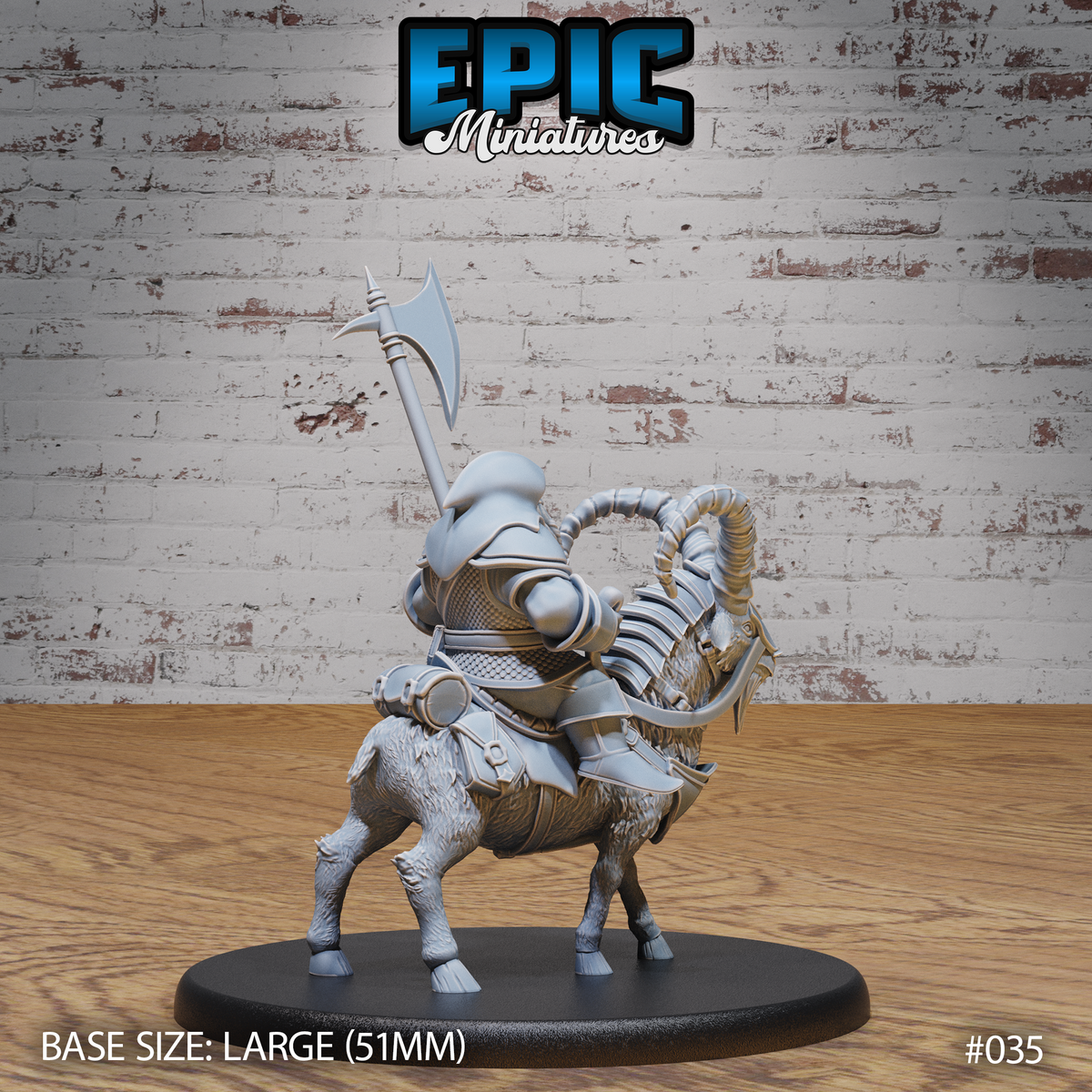 Rear view of armoured dwarf mounted on a horned war goat, war axe raised overhead. Detailed backplate armour, goat barding with straps and buckles, thick fur-textured legs. Sculpt by Epic Miniatures.