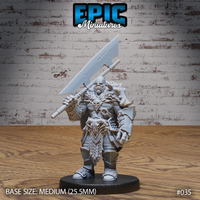 Heavily armoured orc holding a massive wide-bladed cleaver across one shoulder, wearing a skull-emblazoned breastplate, spiked pauldrons, and a fur-pelt cloak. Sculpt by Epic Miniatures.