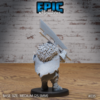 Orc warrior seen from behind, showing a coarse animal-hide cloak with visible stitching, the large cleaver raised high, and heavily plated leg armour. Sculpt by Epic Miniatures.