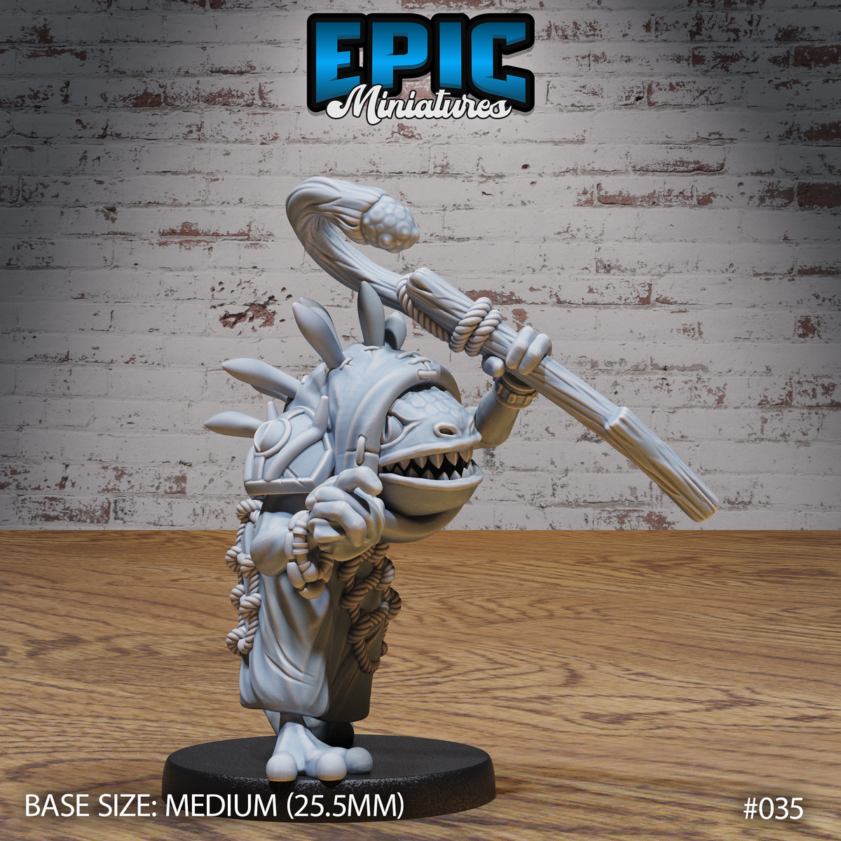 Frogfolk shaman with wide gaping jaw raising a rope-wrapped club overhead, body covered in knotted rope netting with bone spines on its back, standing on a plain round base. Sculpt by Epic Miniatures.