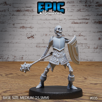 Armoured skeleton warrior in a forward stance, swinging a heavy spiked mace low with its right hand and bracing a kite shield on its left arm, wearing a breastplate over quilted chainmail tassets. Sculpt by Epic Miniatures.