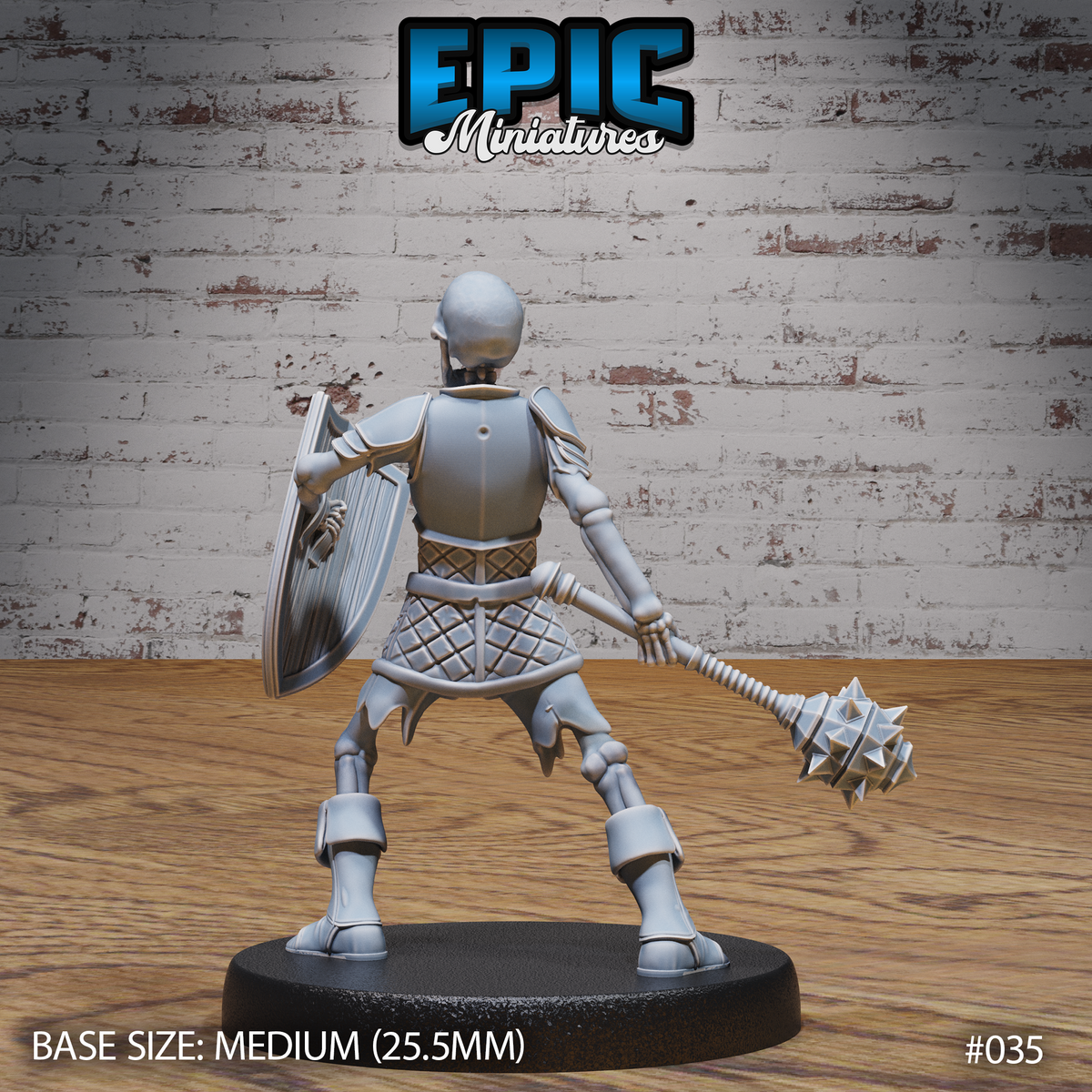 Armoured skeleton warrior seen from behind, kite shield gripped in the left hand and spiked mace hanging at the right side, detailed breastplate backplate and quilted chainmail skirt visible. Sculpt by Epic Miniatures.