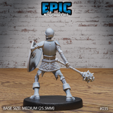 Armoured skeleton warrior seen from behind, kite shield gripped in the left hand and spiked mace hanging at the right side, detailed breastplate backplate and quilted chainmail skirt visible. Sculpt by Epic Miniatures.