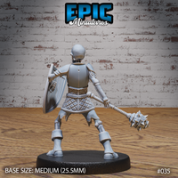Armoured skeleton warrior seen from behind, kite shield gripped in the left hand and spiked mace hanging at the right side, detailed breastplate backplate and quilted chainmail skirt visible. Sculpt by Epic Miniatures.