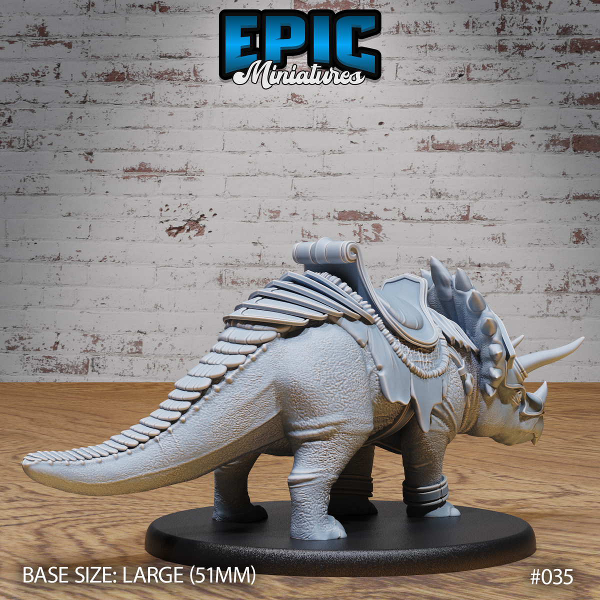 Armoured triceratops miniature showing the rear and tail, with layered saddle skirts, segmented scute ridges along the spine and tail, and pebbly hide texture across the hindquarters. Sculpt by Epic Miniatures.