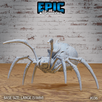 Giant spider miniature in aggressive forward pose, forelegs raised wide and chelicerae open, segmented armoured abdomen, sharply pointed jointed legs. Sculpt by Epic Miniatures.