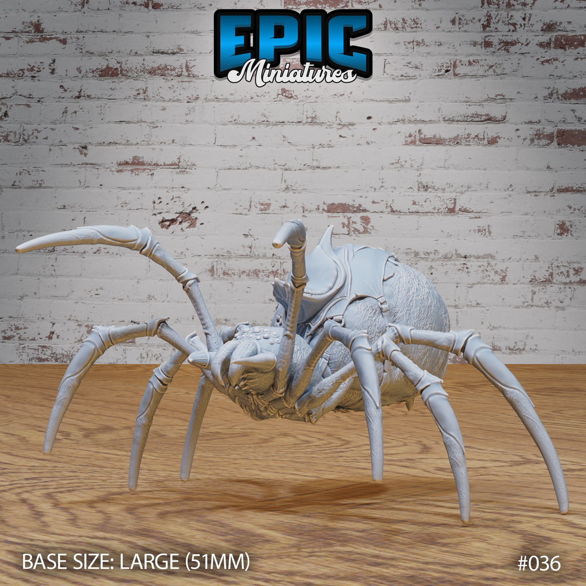 Giant spider miniature in aggressive forward pose, forelegs raised wide and chelicerae open, segmented armoured abdomen, sharply pointed jointed legs. Sculpt by Epic Miniatures.