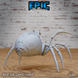 Giant spider miniature seen from the rear quarter, showing large textured bulbous abdomen with banded chitin plating, long angular legs splayed outward. Sculpt by Epic Miniatures.