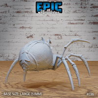 Giant spider miniature seen from the rear quarter, showing large textured bulbous abdomen with banded chitin plating, long angular legs splayed outward. Sculpt by Epic Miniatures.