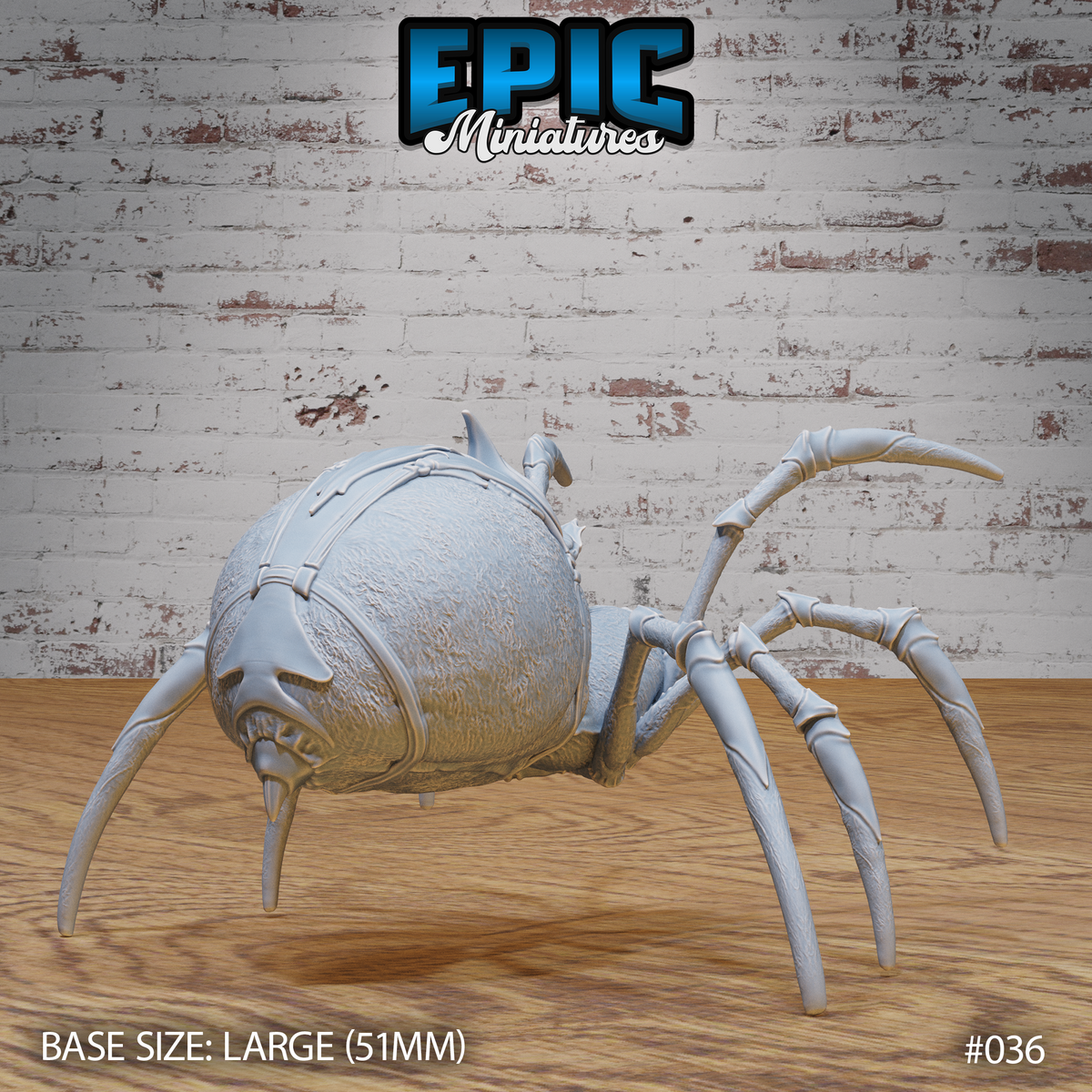 Giant spider miniature seen from the rear quarter, showing large textured bulbous abdomen with banded chitin plating, long angular legs splayed outward. Sculpt by Epic Miniatures.