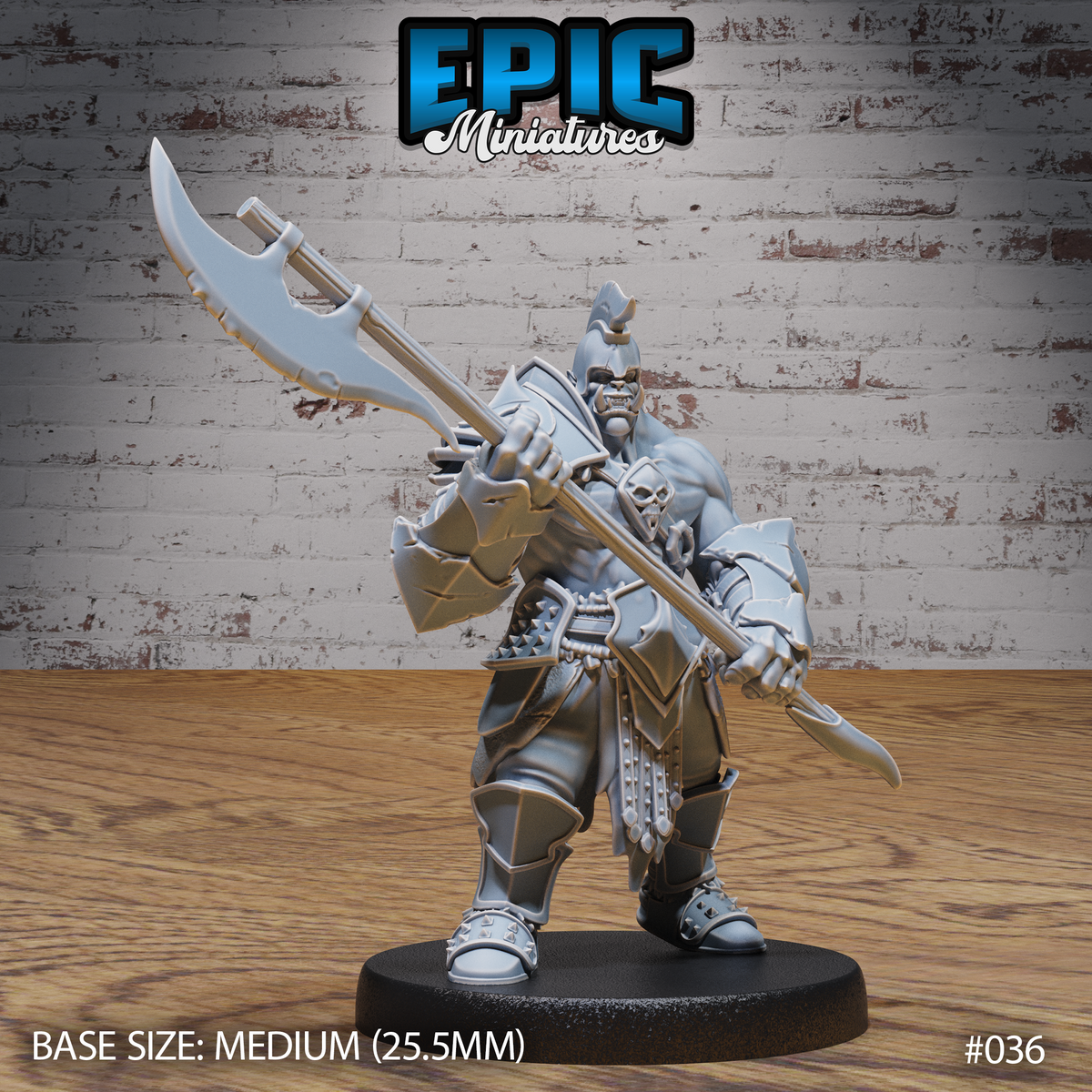 Heavily armoured orc warrior levelling a long-hafted halberd forward in a low guard, wearing plate armour with skull motif, horned helm, and spiked tassets. Sculpt by Epic Miniatures.