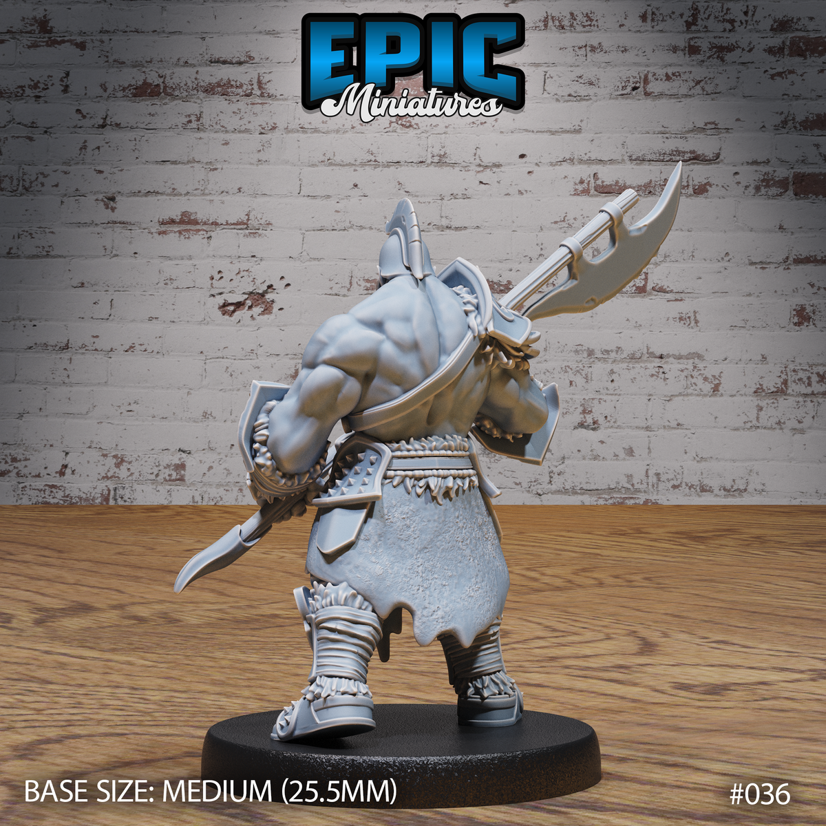 Orc halberdier seen from behind, showing exposed muscular shoulders above pauldrons, a hanging tabard, layered leather boots, and the halberd blade raised high. Sculpt by Epic Miniatures.