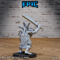 Frogfolk warrior seen from behind with a broad sword raised overhead, revealing dense bony spines across the entire back of the skull and shoulders, scale-texture armour across the torso, belted waist with hanging cloth panel, and wrapped feet planted in a charging stance. Sculpt by Epic Miniatures.