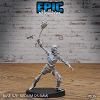 Armoured skeleton warrior in a wide lunging stance, spiked mace raised high overhead in one hand, left arm outstretched, wearing pauldrons and tattered chainmail. Sculpt by Epic Miniatures.