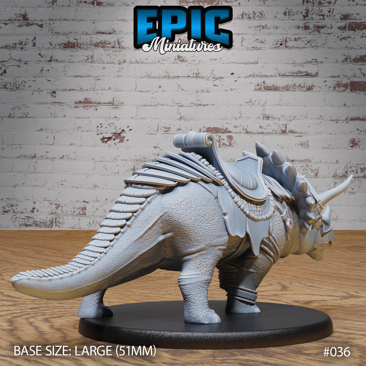 Armoured triceratops miniature viewed from the flank, showing layered leather saddle panels, braided girth straps, segmented tail armour, and richly textured hide across the body. Sculpt by Epic Miniatures.