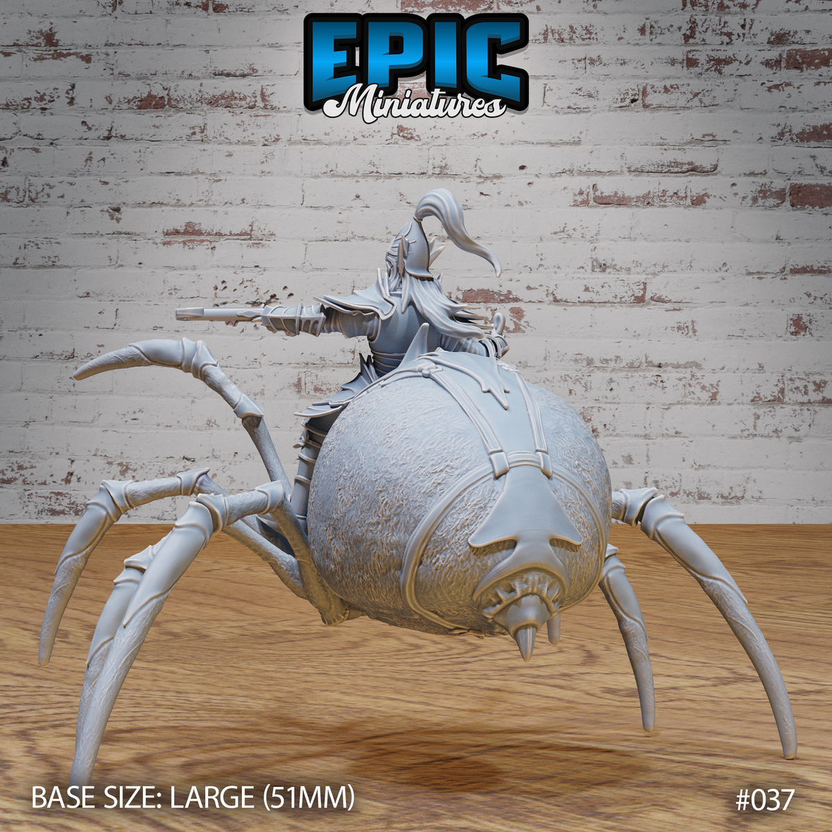 Giant spider mount seen from the rear, showing heavily textured abdomen and harness straps; dark elf rider visible from behind wearing angular plumed plate armour, crossbow extended to one side. Sculpt by Epic Miniatures.