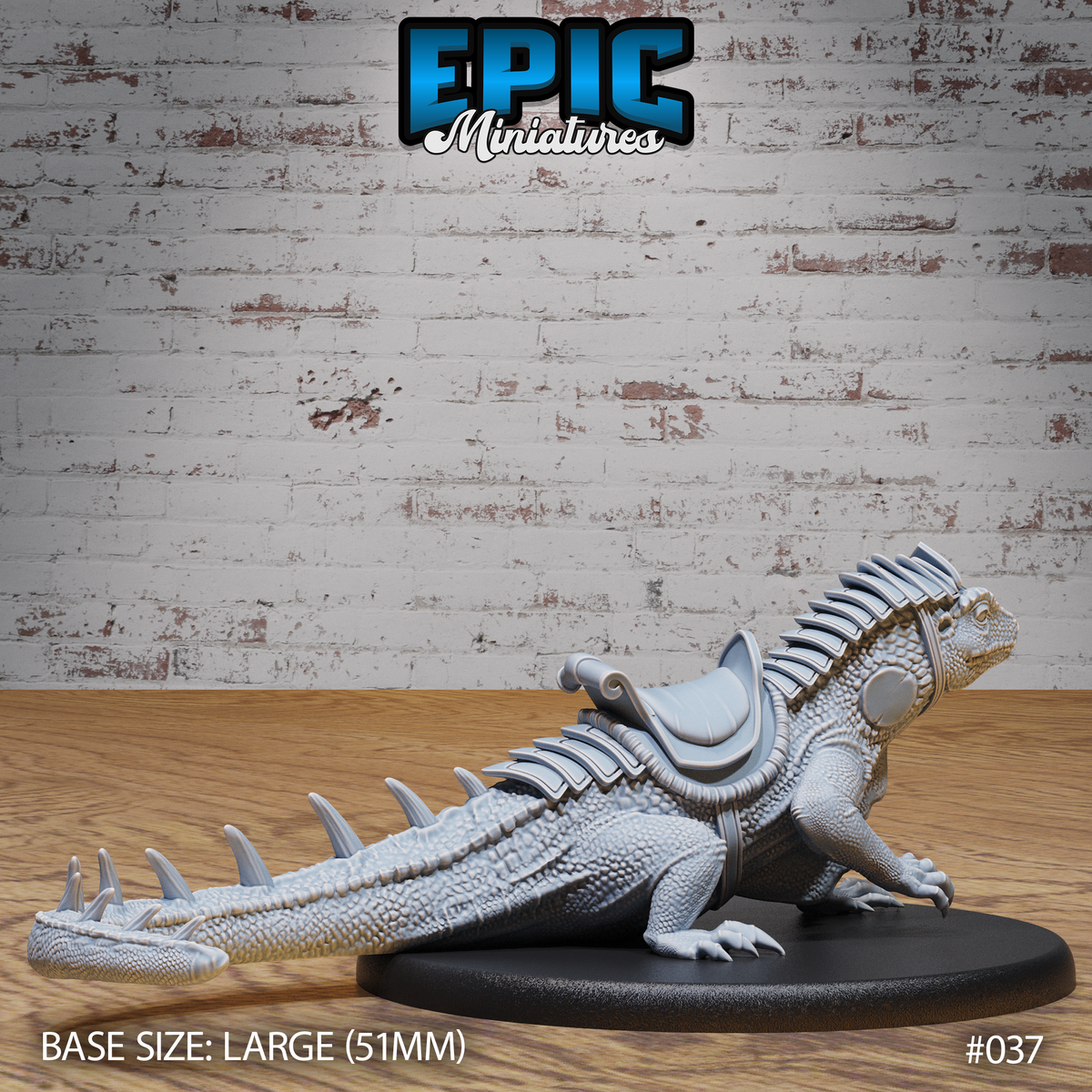 Giant saddled lizard miniature with head raised and dorsal spines fanned upward, showing the armoured barding, padded saddle, and heavily scaled body from a lower angle. Sculpt by Epic Miniatures.