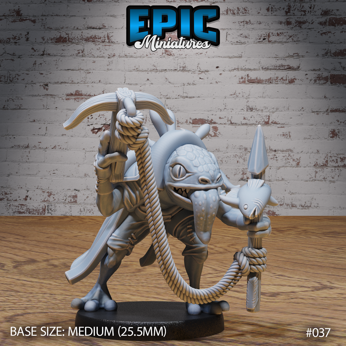 Scaly river folk warrior striding forward, holding a rope-bound crossbow aloft and a fish-tipped spear in the other hand. Toothy grin, dorsal spines, scaled chest. Medium round base. Epic Miniatures.