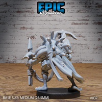Rear view of the river folk warrior showing a broad fan of bundled materials across its back, rope-wrapped spear in hand, scaled skin and layered fabric wraps visible. Medium round base. Epic Miniatures.