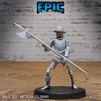 Armoured skeleton soldier in a wide combat stance gripping a long halberd at low angle, wearing a breastplate, chainmail skirt, and broad-brimmed helm. Epic Miniatures sculpt.
