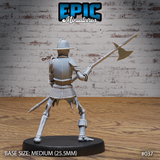 Skeleton warrior from behind, breastplate and chainmail skirt visible, halberd raised with axe-blade prominent, bare skeletal legs below the armour hem. Epic Miniatures sculpt.