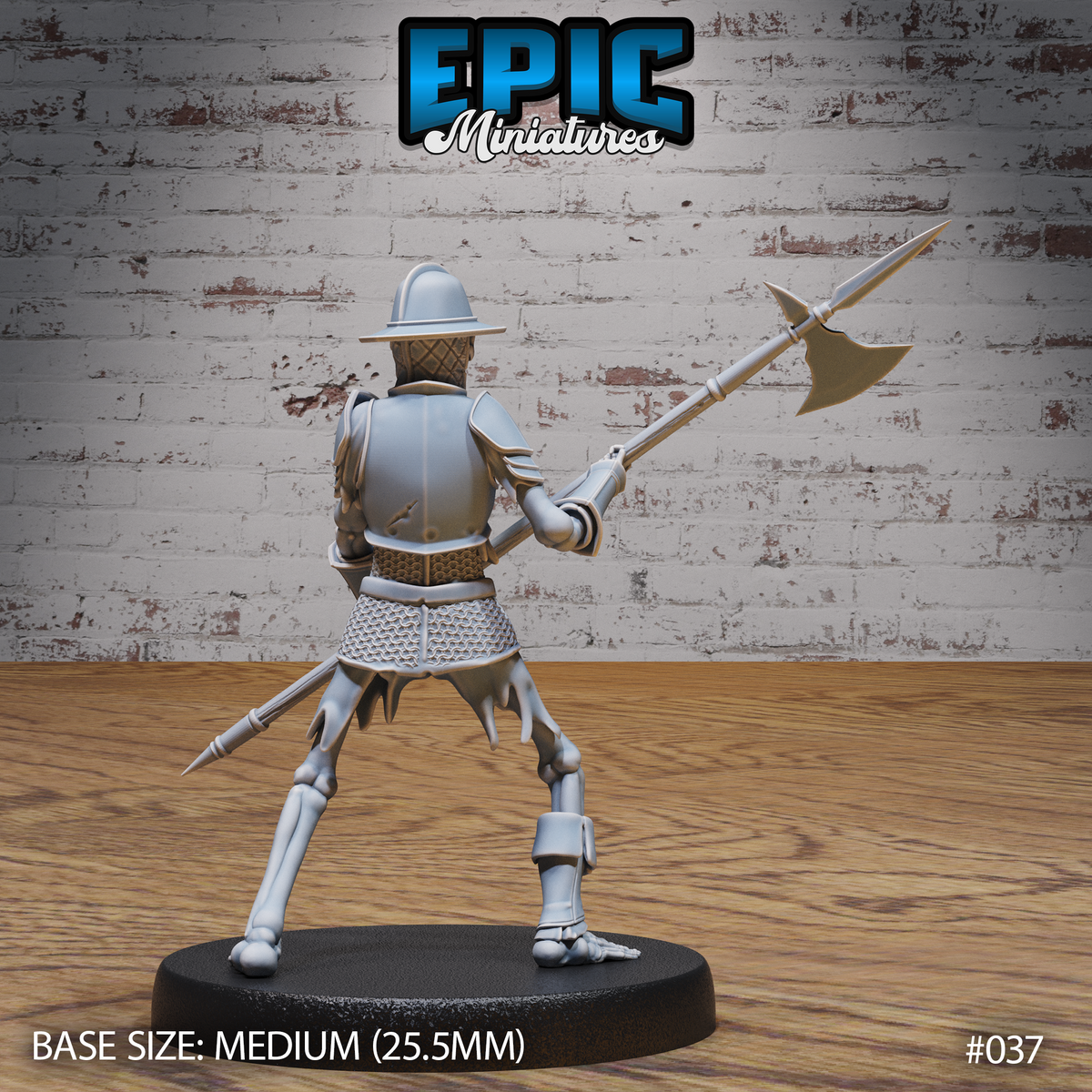 Skeleton warrior from behind, breastplate and chainmail skirt visible, halberd raised with axe-blade prominent, bare skeletal legs below the armour hem. Epic Miniatures sculpt.