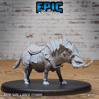 Armoured warthog miniature facing right, with segmented dorsal plates along its spine, curved tusks, head barding, and a quilted saddle secured by straps. Sculpt by Epic Miniatures.