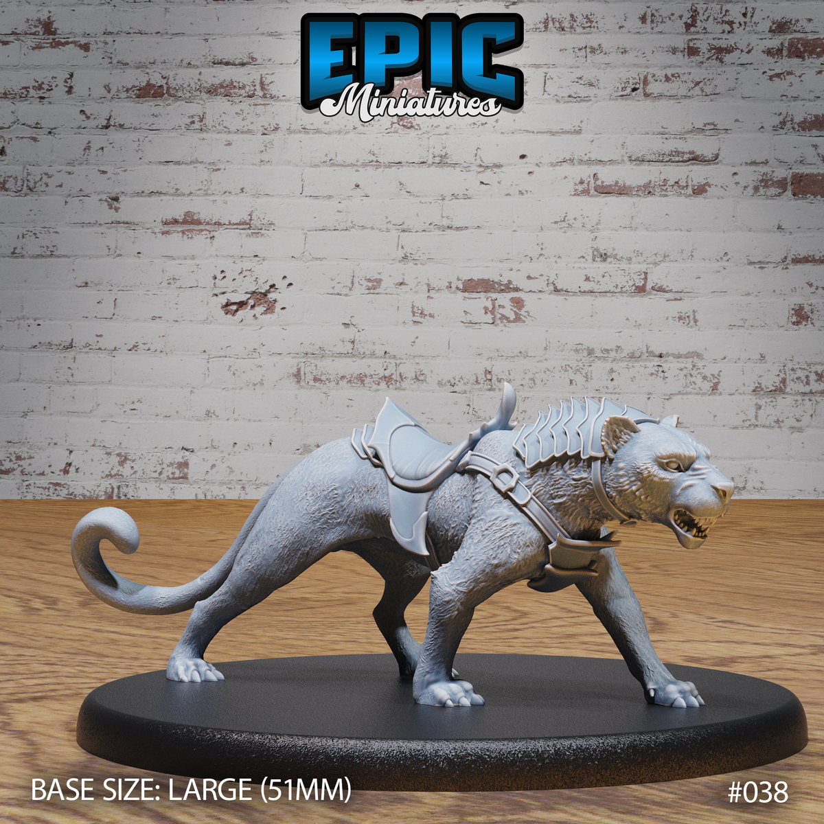 Armoured panther miniature crouching forward in an aggressive stance, jaws open in a snarl, wearing segmented back armour and a fitted saddle on a harness. Sculpt by Epic Miniatures.