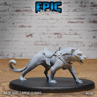 Armoured panther miniature crouching forward in an aggressive stance, jaws open in a snarl, wearing segmented back armour and a fitted saddle on a harness. Sculpt by Epic Miniatures.