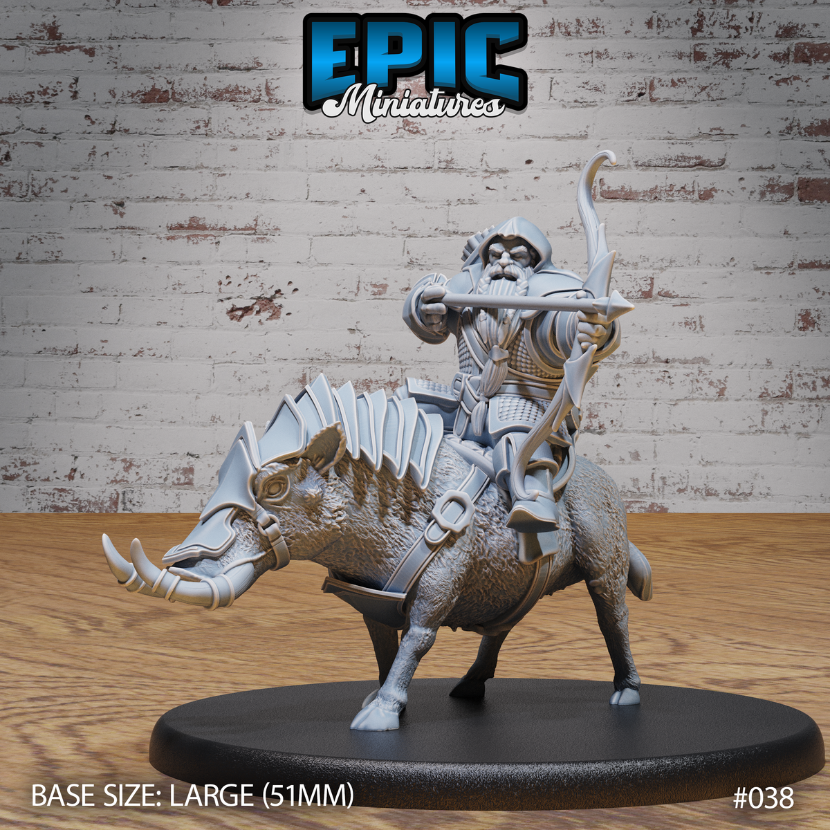 Bearded dwarf in hooded scale-and-plate armour drawing a recurve bow at full stretch, mounted on a charging armour-plated warthog with lowered head and twin tusks. Sculpt by Epic Miniatures.