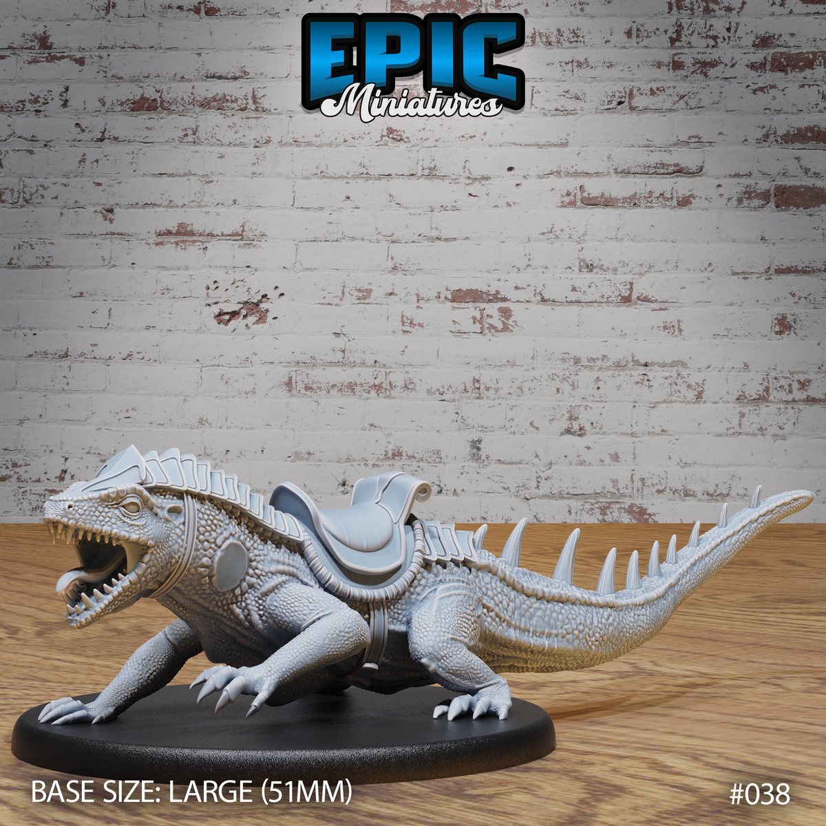 Ferocious large lizard mount with open jaws and splayed claws, fitted with an ornate saddle, rows of dorsal spines along the tail, dense overlapping scales, mounted on a 51mm oval base. Sculpt by Epic Miniatures.