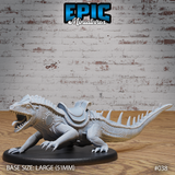 Ferocious large lizard mount with open jaws and splayed claws, fitted with an ornate saddle, rows of dorsal spines along the tail, dense overlapping scales, mounted on a 51mm oval base. Sculpt by Epic Miniatures.