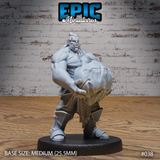 Barrel-chested orc mid-throw, one massive fist driving a jagged boulder forward, topknot and long hair swept back, bare-chested with armoured greaves and a belted war skirt, snarling expression. Sculpt by Epic Miniatures.