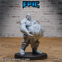 Barrel-chested orc mid-throw, one massive fist driving a jagged boulder forward, topknot and long hair swept back, bare-chested with armoured greaves and a belted war skirt, snarling expression. Sculpt by Epic Miniatures.