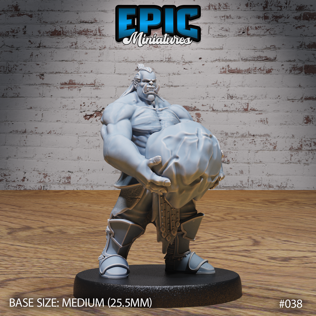 Barrel-chested orc mid-throw, one massive fist driving a jagged boulder forward, topknot and long hair swept back, bare-chested with armoured greaves and a belted war skirt, snarling expression. Sculpt by Epic Miniatures.