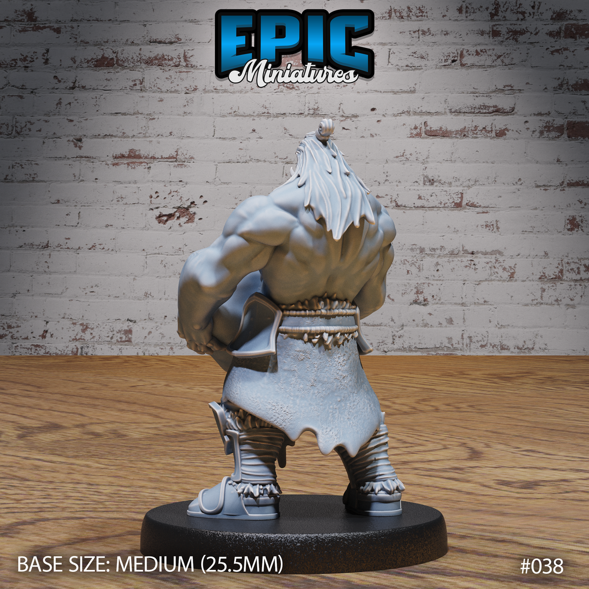 Heavily muscled orc seen from behind, long hair falling across broad shoulders, belted hide skirt and bone-trimmed waistband, armoured greaves and fur-wrapped boots, crouched in a powerful throwing stance. Sculpt by Epic Miniatures.