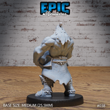 Heavily muscled orc seen from behind, long hair falling across broad shoulders, belted hide skirt and bone-trimmed waistband, armoured greaves and fur-wrapped boots, crouched in a powerful throwing stance. Sculpt by Epic Miniatures.