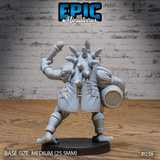 Frogfolk bard miniature seen from behind, showing dorsal spines running down the back, round wooden shield with concentric ring texture, knotted club raised, studded ankle guards, layered cloth wrapping. Sculpt by Epic Miniatures.