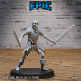 Skeleton warrior in a wide combat stance, jaw agape, wielding a longsword in each hand with arms spread wide. Shredded cloth and remnants of plate armour cling to the bones. Sculpt by Epic Miniatures.