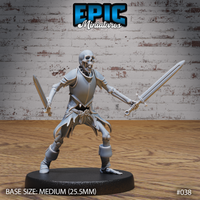 Skeleton warrior in a wide combat stance, jaw agape, wielding a longsword in each hand with arms spread wide. Shredded cloth and remnants of plate armour cling to the bones. Sculpt by Epic Miniatures.