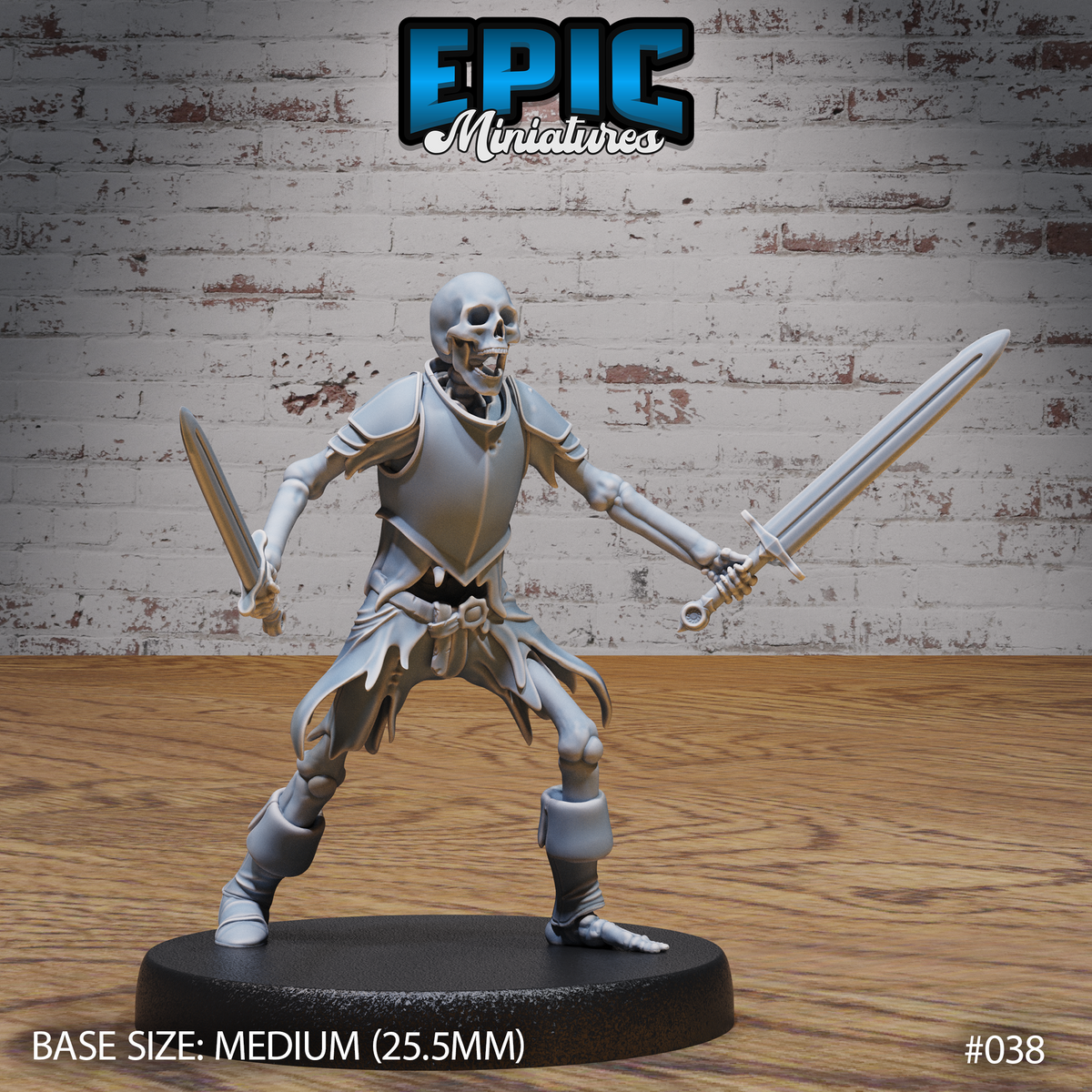 Skeleton warrior in a wide combat stance, jaw agape, wielding a longsword in each hand with arms spread wide. Shredded cloth and remnants of plate armour cling to the bones. Sculpt by Epic Miniatures.