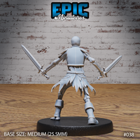 Skeleton warrior seen from behind, both longswords extended outward at low angles, tattered cloth hanging from the waist, pauldron detail visible on the upper back. Sculpt by Epic Miniatures.