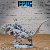 Crystal Drake miniature by Epic Miniatures — viewed from the opposite side, showing the crystal-encrusted spine, segmented banded tail raised behind, and prominent hooked talons gripping a rocky base.