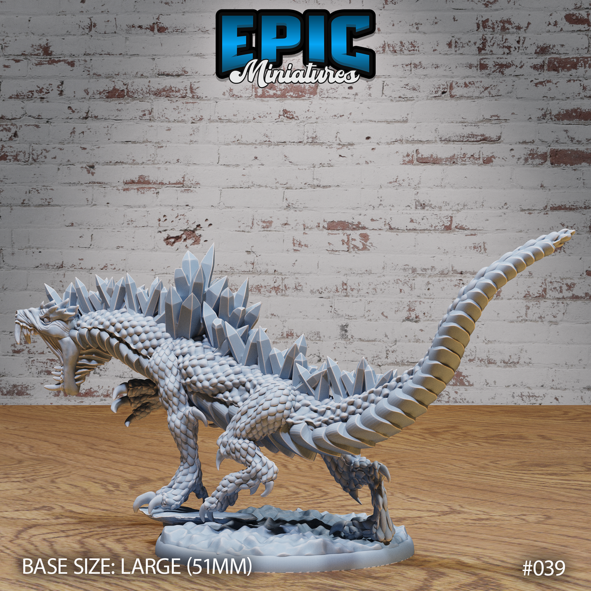 Crystal Drake miniature by Epic Miniatures — viewed from the opposite side, showing the crystal-encrusted spine, segmented banded tail raised behind, and prominent hooked talons gripping a rocky base.